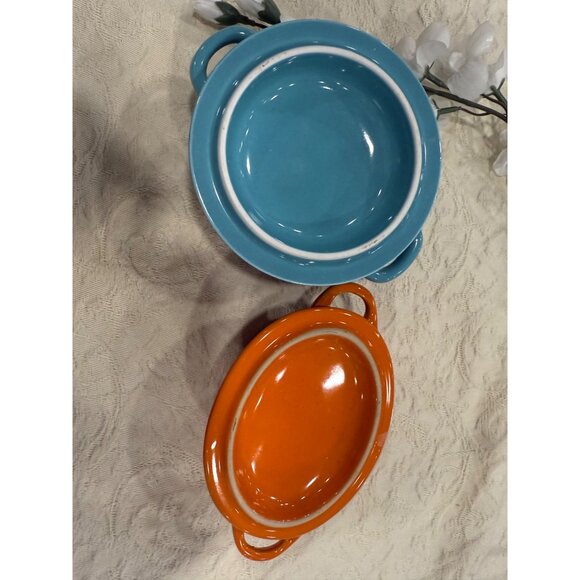 Miniature Blue & Orange Ceramic Casserole Dishes With Lids Butlers - Picture 8 of 14